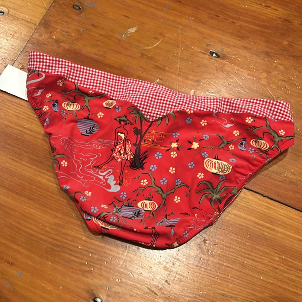 New! JANTZEN M Red Gingham Island Hawaiian Printed Lantern Bikini Bottoms